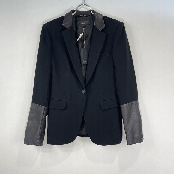 Rag & Bone | Black/Black Timeless Single Breasted Blazer with Leather Trim NWT 4 - Picture 2 of 16